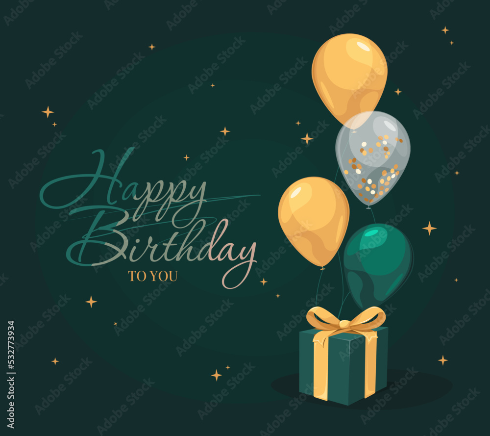 Happy Birthday green invitation card with balloons and gift box Stock