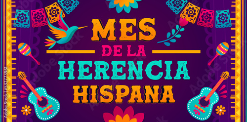 Hispanic heritage month, Vector web banner, poster, card for social media, networks. Greeting in Spanish mes de la hernia Hispano text, Paper Picado, perforated paper on ornament background