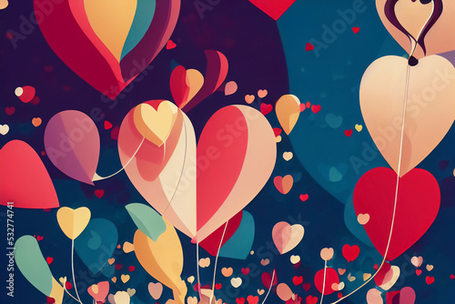 Beautiful abstract wallpaper, background with hearts, balloons, confetti, good for Valentine's Day, Mother's day, celebration, party