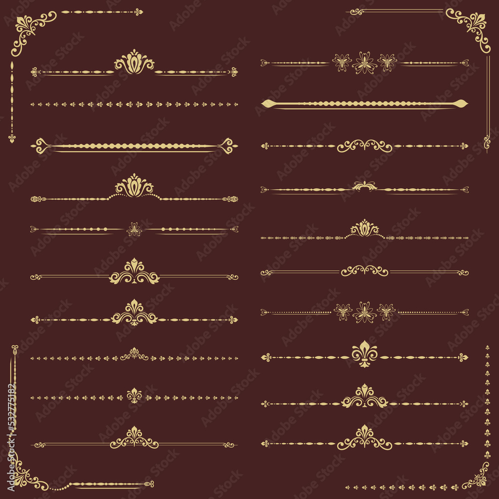 Fototapeta premium Vintage set of vector golden elements. Horizontal separators in the frame. Collection of different ornaments. Classic patterns. Set of golden patterns