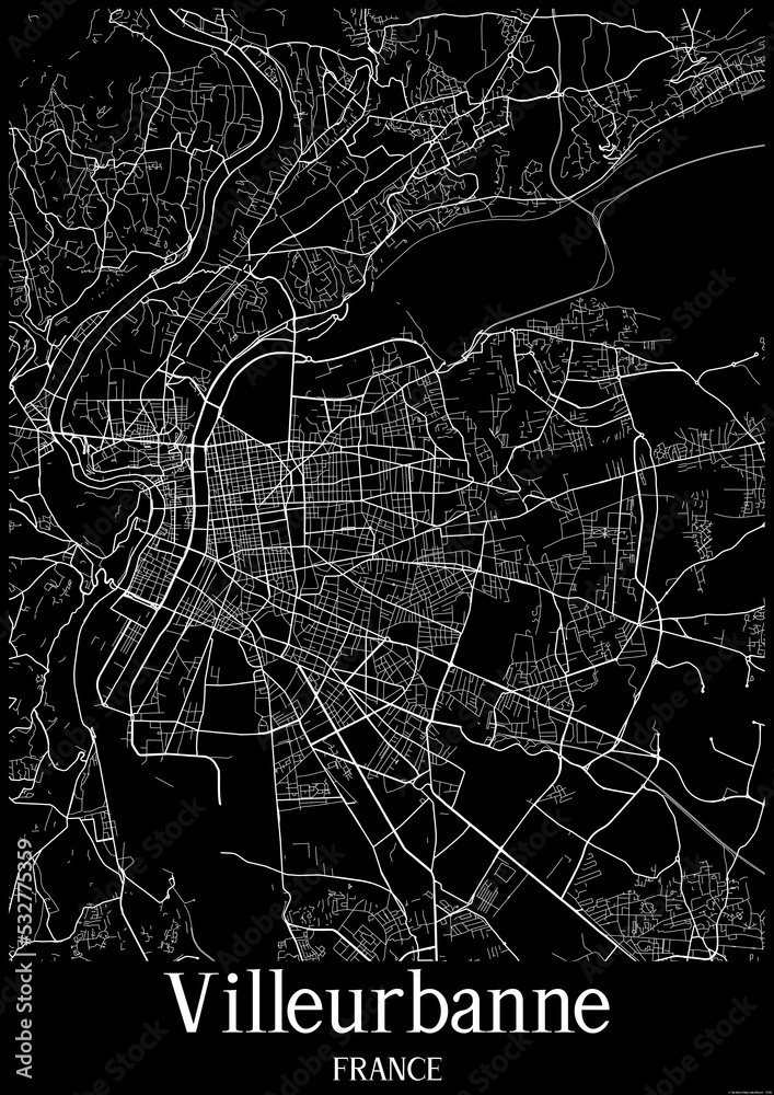 Black and White city map poster of Villeurbanne France.