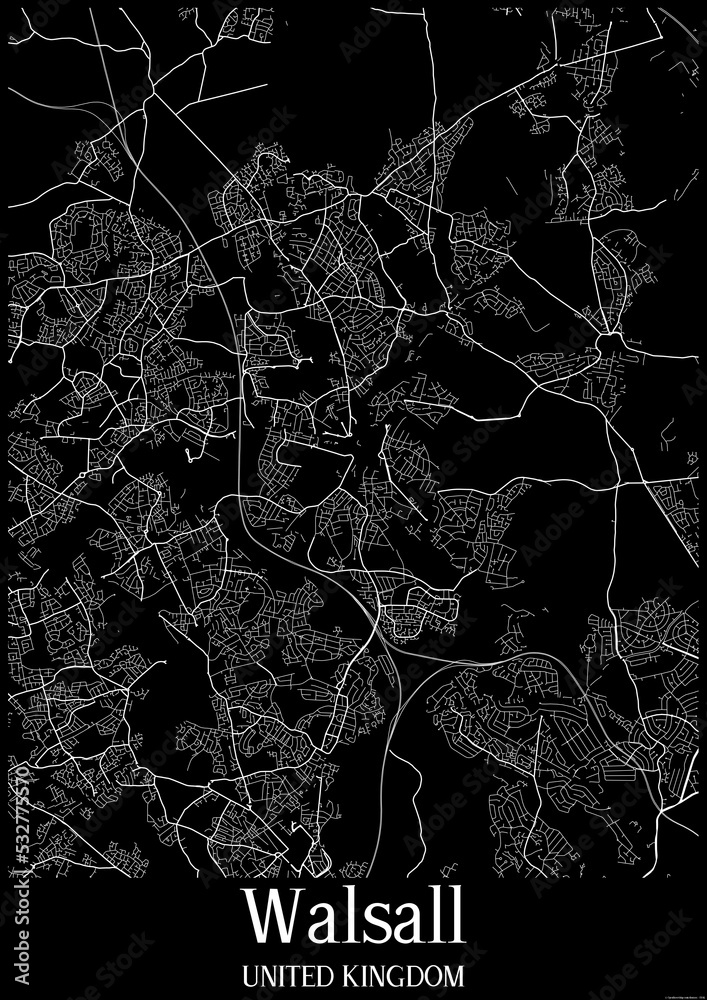 Black and White city map poster of Walsall United Kingdom.