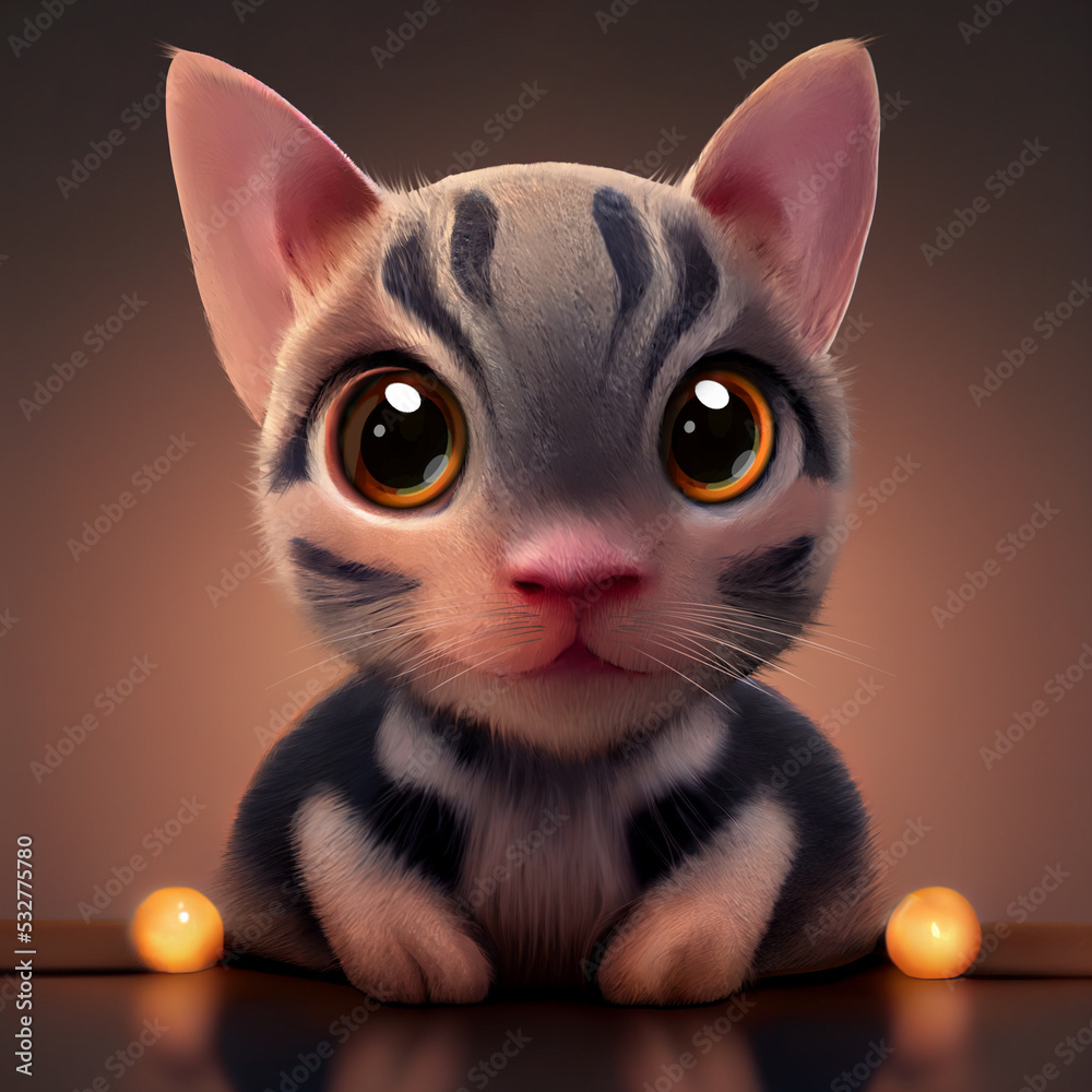 American Shorthair. Adorable cat puppy. 3d illustration of a kitten with big bright eyes. All cat breeds