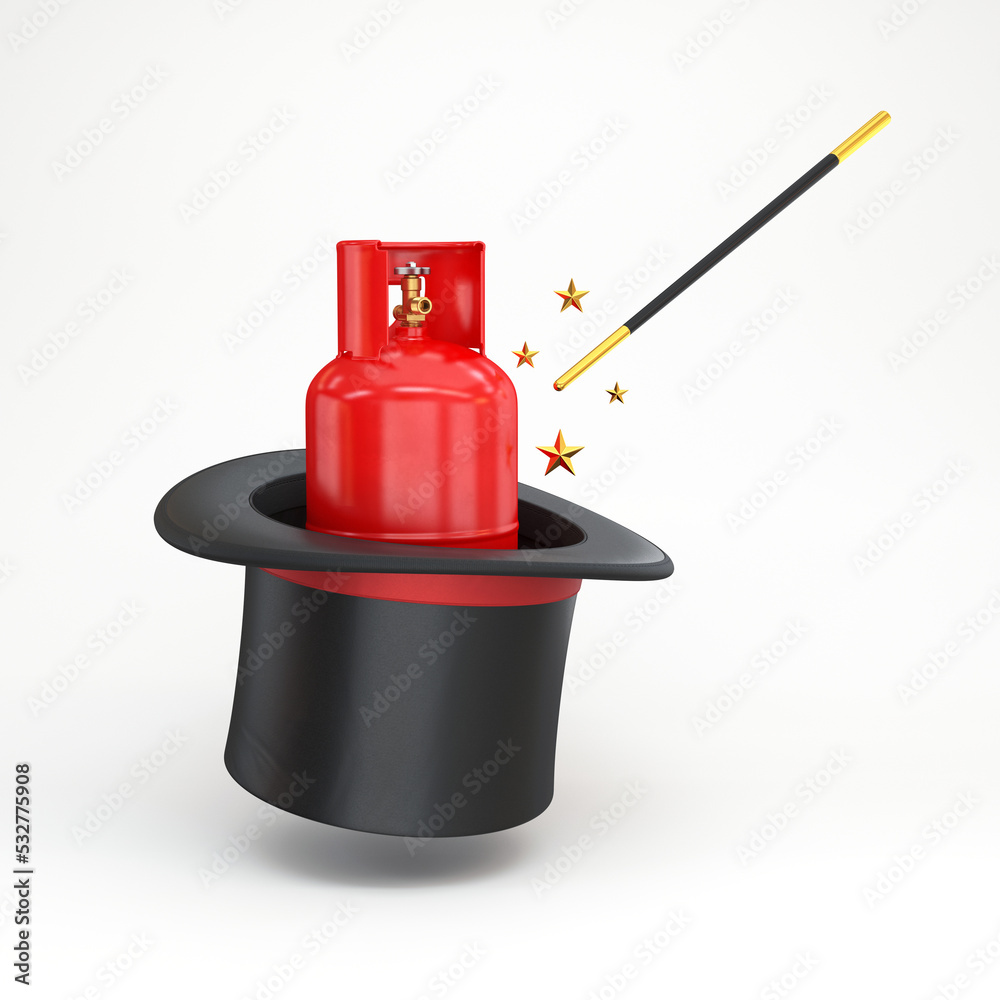 Fototapeta premium Magic hat with a wand and a gas cylinder floating on a white background, 3d render
