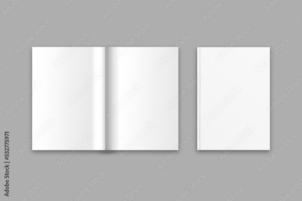 Empty blank glossy magazine open and closed mockup isolated on a grey background. 3d rendering. ready for cover and spread of the magazine design. Empty blank glossy magazine open and closed mockup isolated on a grey background. 3d rendering. ready for cover and spread of the magazine design.