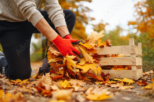 Man cleans the autumn park from yellow leaves. Volunteering, cleaning, and ecology concept. Seasonal gardening.