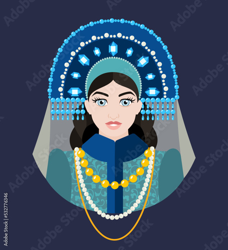 Avatar of a young girl in a Slavic costume and a kokoshnik with a veil. historical costumes. Flat illustration.