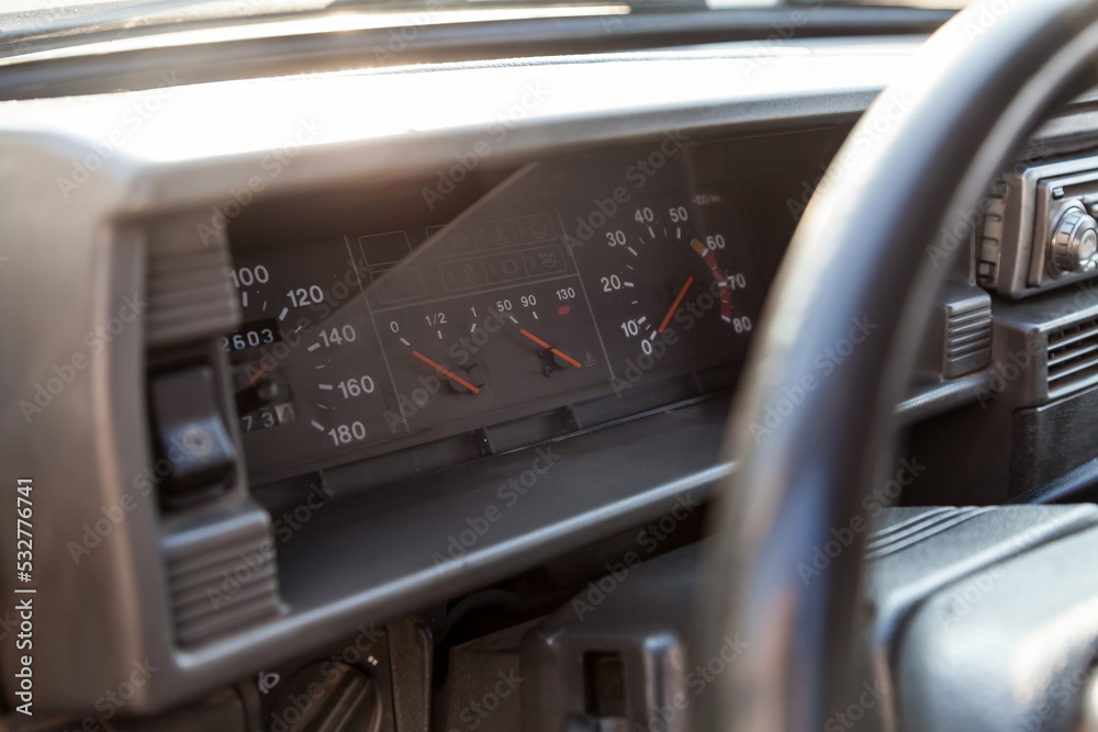 Vintage retro car dashboard with analog speedometer, tachometer and odometer, handmade for restoration