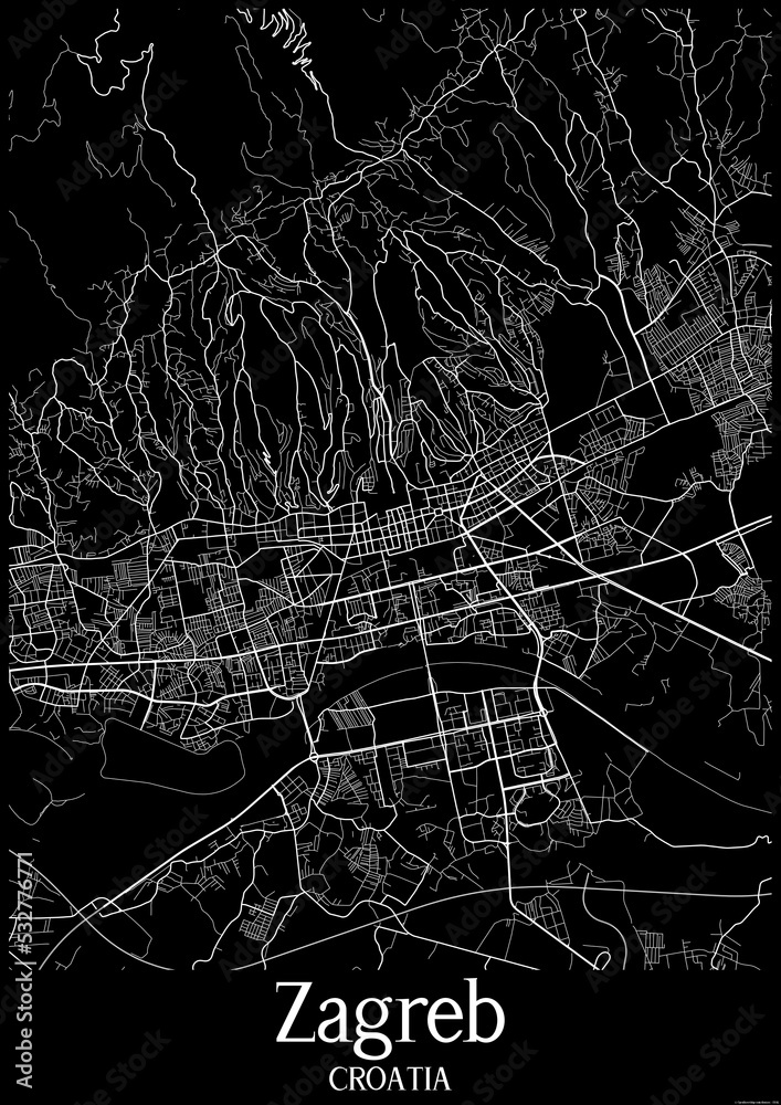 Black and White city map poster of Zagreb Croatia.