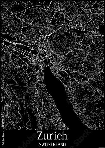 Black and White city map poster of Zurich Switzerland.