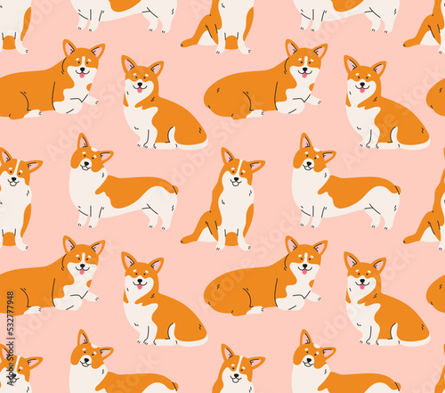 Seamless pattern of welsh corgi dog in different poses. Standing, sitting, lying down. Hand-drawn dog in contemporary flat style, and line art. Cartoon animal, pet.  © Yelyzaveta