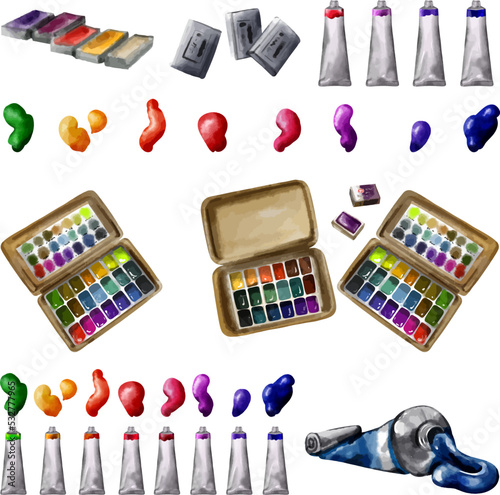 A set of paints in tubes and cuvettes. Hand-drawn watercolor vector drawing. Vector group, isolated on white background. Art school subject supplies for learning. Colorful watercolor paints.