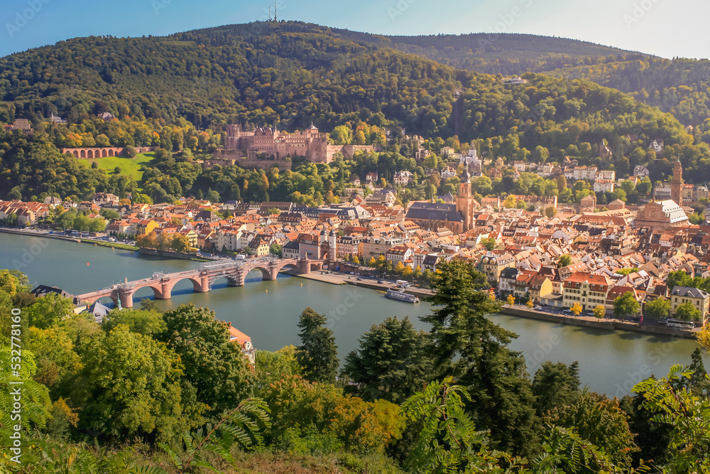 Medieval Heidelberg old town cityscape from above, Germany