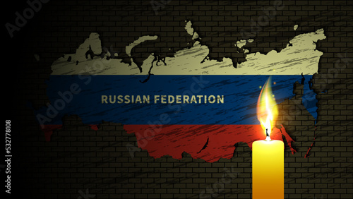 Vector mournful burning wax candle on the background of a dark map of Russian Federation with a brick wall structure. Wallpaper or poster