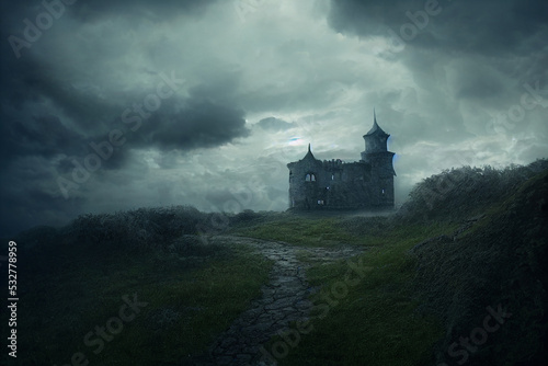Mysterious castle. Dark scenery with misty road, storm clouds and old castle.
