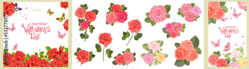 Collection of cards with roses flower. Valentine day with flying