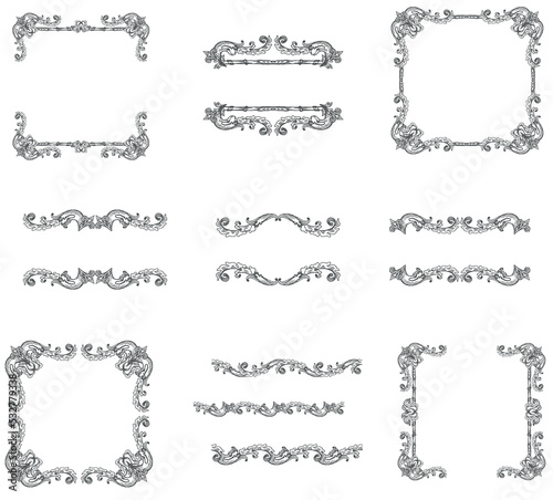 PNG transparent set of decorative frames, borders and dividers in vintage retro style