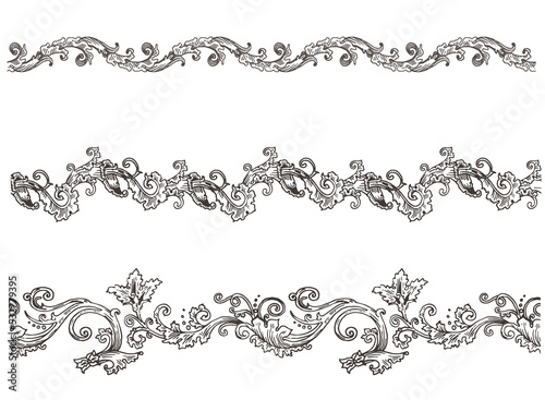 PNG transparent set of decorative seamless borders, engraved endless scroll monogram dividers 