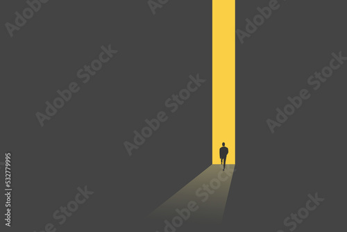 Business or career opportunity vector concept with businessman in gate. Symbol of new job, success, ambition and motivation. Planning and strategy concept.