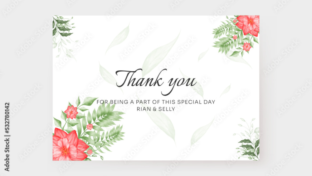 Romantic wedding invitation, thank you card with watercolor red flower