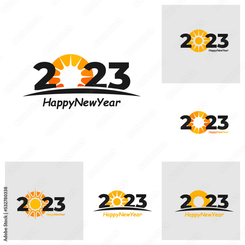 Set of Happy New Year 2023 text with Sun design concept. Cover of business diary for 2023 with wishes. Brochure design template, card, banner. Vector illustration. Isolated on white background.