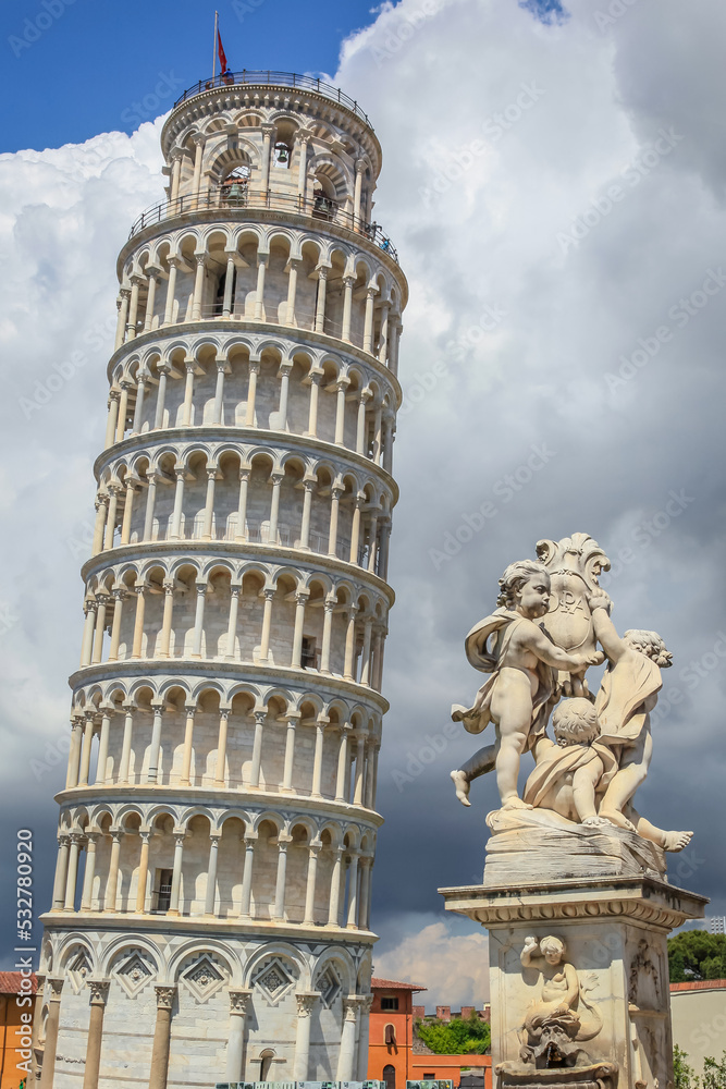 Leaning Tower of Pisa at dramatic sky, Tuscany, Italy