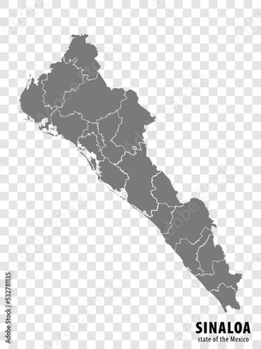 State Sinaloa of Mexico map on transparent background. Blank map of Sinaloa with regions in gray for your web site design, logo, app, UI. Mexico. EPS10.s