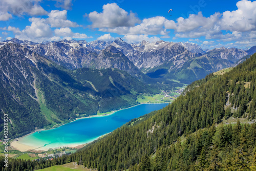 Above Achensee, turquoise lake, and Pertisau from Rofan in Tyrol, Austria