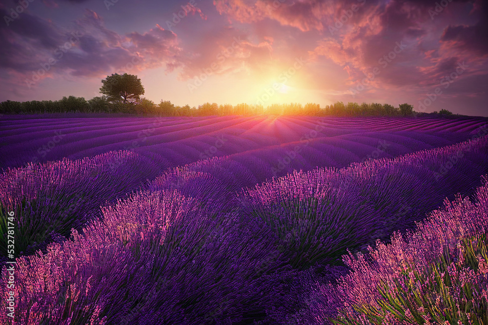 Lavender field at sunset. Lavender flowers.