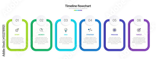 Timeline infographic design with 6 options or steps. Infographics for business concept. Can be used for presentations workflow layout, banner, process, diagram, flow chart, info graph, annual report.