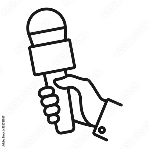 Hand holding microphone line icon. Microphone for news, broadcasting live news, illustration