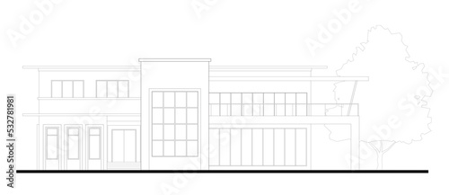 Illustration of the front facade of a two story bungalow with a modern design drawn using CAD. Drawn in black and white.