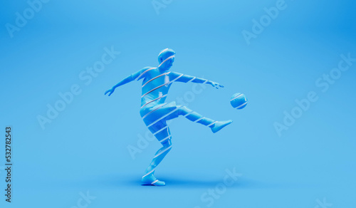 Abstract sliced football soccer player kicking a ball. 3D Rendering