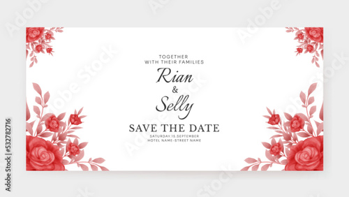 Romantic wedding invitation banner with watercolor rose red flower