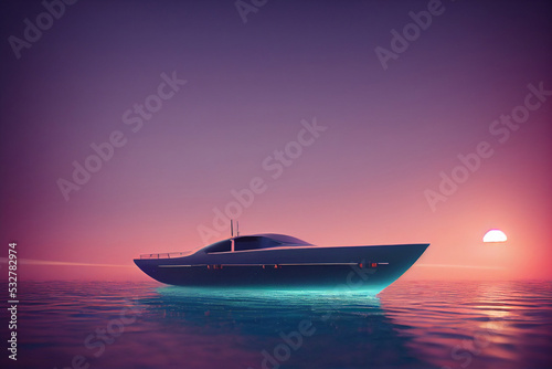 Modern long yacht in sunset with colorful sky. 3d rendering. © ErenMotion