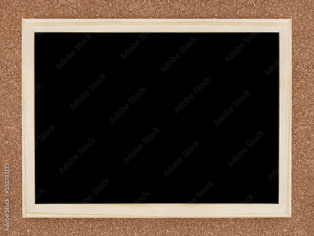 Fototapeta premium Wooden board mock-up with empty blank black background on a natural cork board background 