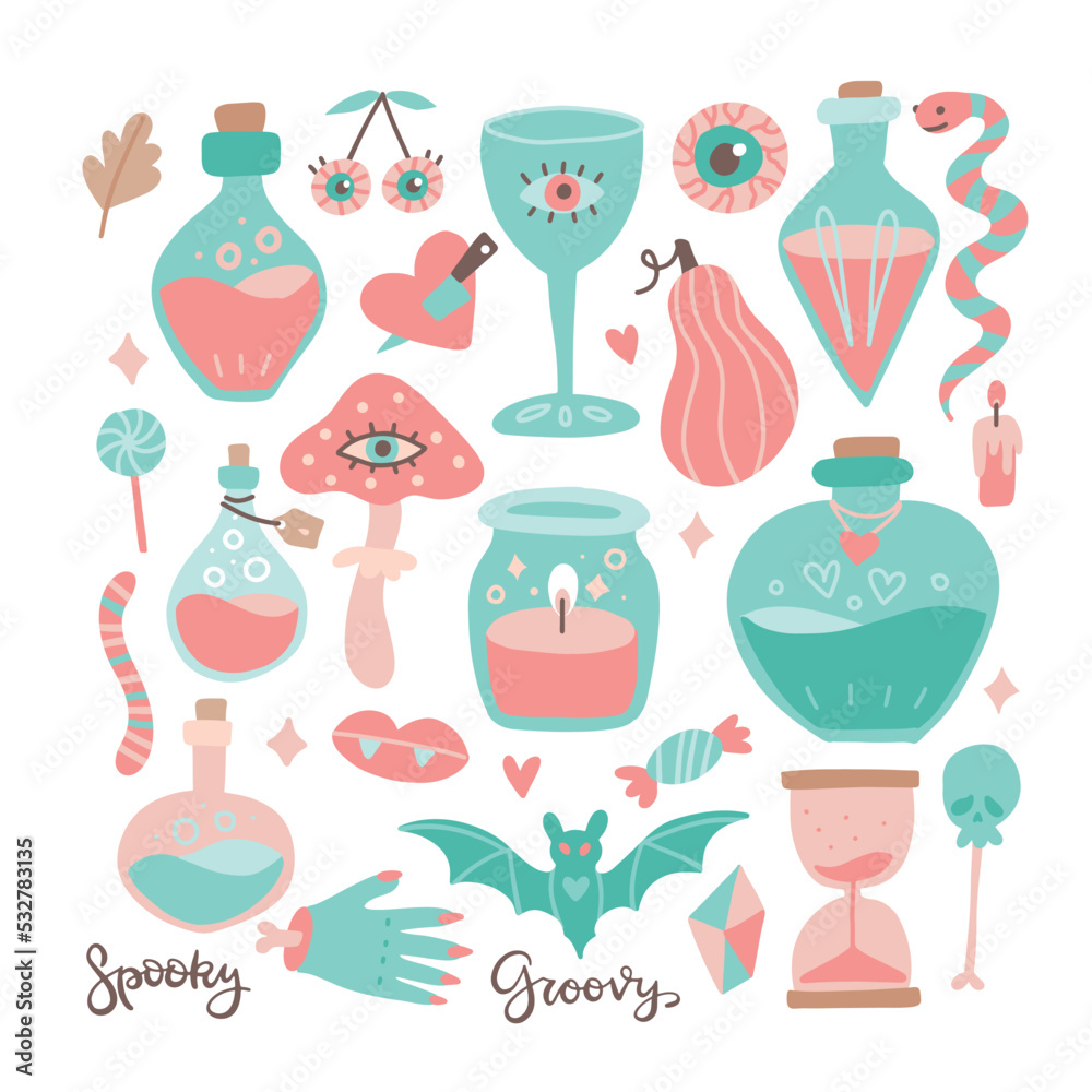 Big set of magical, wizard icons, characters and items for cute halloween design. Vector flat hand drawn illustration.