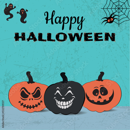 Happy Halloween background with black pumpkin and tree with moon illustration on gray background