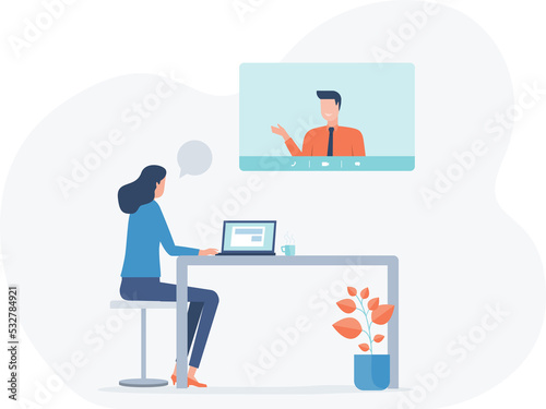 flat vector women use remote technology working for video conferencing with team online concept	
