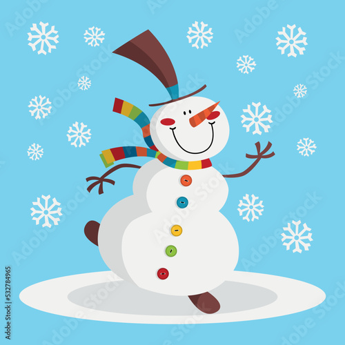 Dancing snowman, winter illustration
