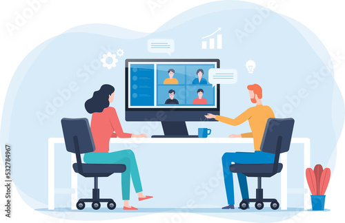 people online video conference for meeting with remote technology working and people work from home and business smart working online connect anywhere  photo