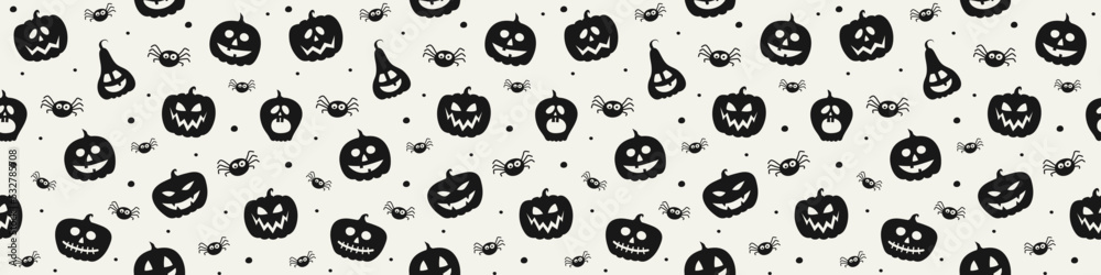 Funny Halloween banner with pumpkins and spiders. Seamless pattern. Vector Funny Halloween banner with pumpkins and spiders. Seamless pattern. Vector