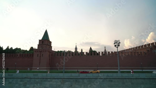 Moscow Kremlin Wall view from Moskva River at sunset in Russia. High quality FullHD footage