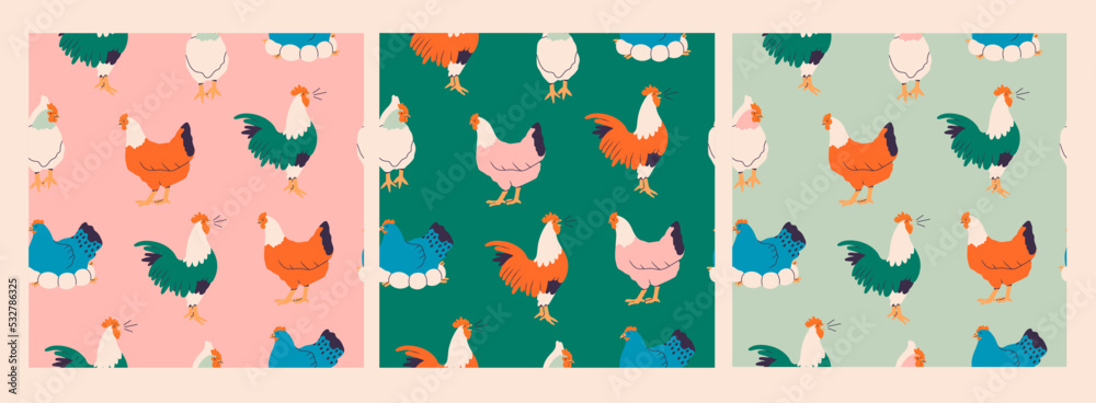 Domestic Chicken. Different hens, rooster, eggs in nest. Various breed. Farm birds, Easter, organic eco food concept. Cute farm animals. Hand drawn Vector illustration. Set of three seamless Patterns Domestic Chicken. Different hens, rooster, eggs in nest. Various breed. Farm birds, Easter, organic eco food concept. Cute farm animals. Hand drawn Vector illustration. Set of three seamless Patterns