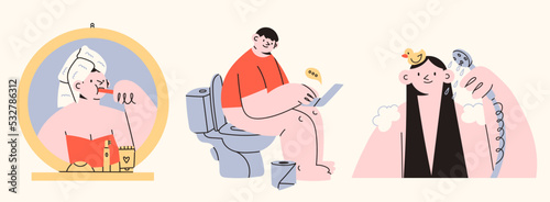 Brushing teeth, pooping, sitting on a toilet bowl, taking a shower. Daily hygiene routine. Hand drawn Vector illustrations. Cartoon style. Cute funny characters. Logo, icon, poster, card templates