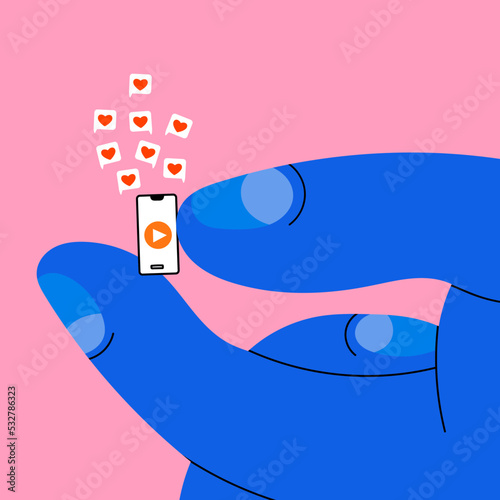 Giant hand holding tiny smartphone. Communication, mailing, chatting, social media, like addiction concept. Hand drawn trendy Vector illustration. Cartoon style. Banner, website design template