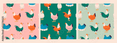 Domestic Chicken. Different hens, rooster, eggs in nest. Various breed. Farm birds, Easter, organic eco food concept. Cute farm animals. Hand drawn Vector illustration. Set of three seamless Patterns