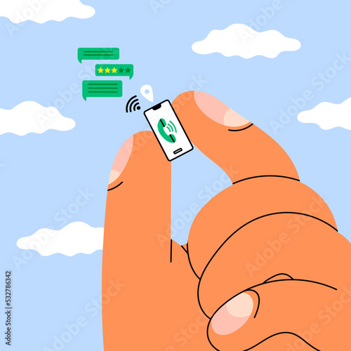 Giant hand holding tiny smartphone. Communication, mailing, chatting, social media addiction concept. Hand drawn trendy Vector illustration. Cartoon style. Banner, website design template
