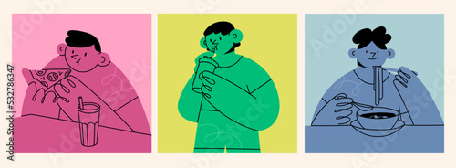 Portraits of young people eating pizza, ramen and drinking beverage from glass through the straw. Cute abstract characters. Cartoon style. Hand drawn trendy Vector set. Isolated illustrations