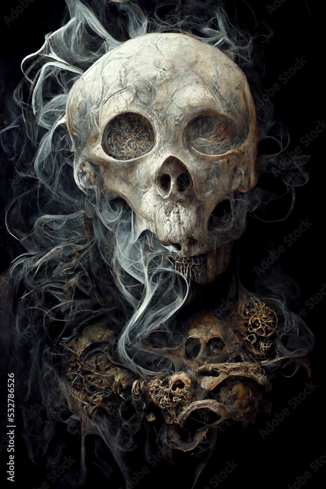 3d illustration of a scary figure, a skull emerging from smoke. 3d illustration of a scary figure, a skull emerging from smoke.
